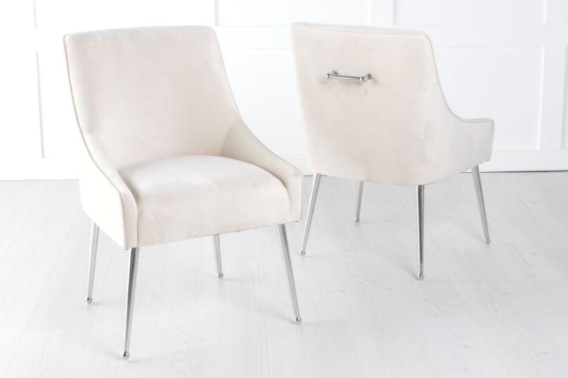 Product photograph of Giovanni Champagne Dining Chair Velvet Fabric Upholstered With Back Handle And Chrome Legs from Choice Furniture Superstore.