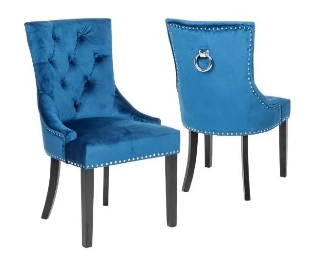 Product photograph of Knocker Back Blue Dining Chair Tufted Velvet Fabric Upholstered With Black Wooden Legs from Choice Furniture Superstore.