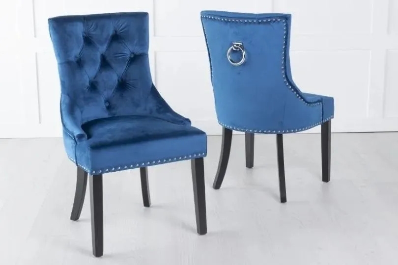 Product photograph of Knocker Back Blue Dining Chair Tufted Velvet Fabric Upholstered With Black Wooden Legs from Choice Furniture Superstore.