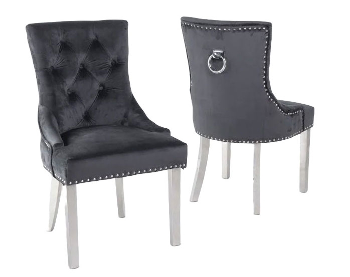 Product photograph of Knocker Back Black Dining Chair Tufted Velvet Fabric Upholstered With Chrome Legs from Choice Furniture Superstore.