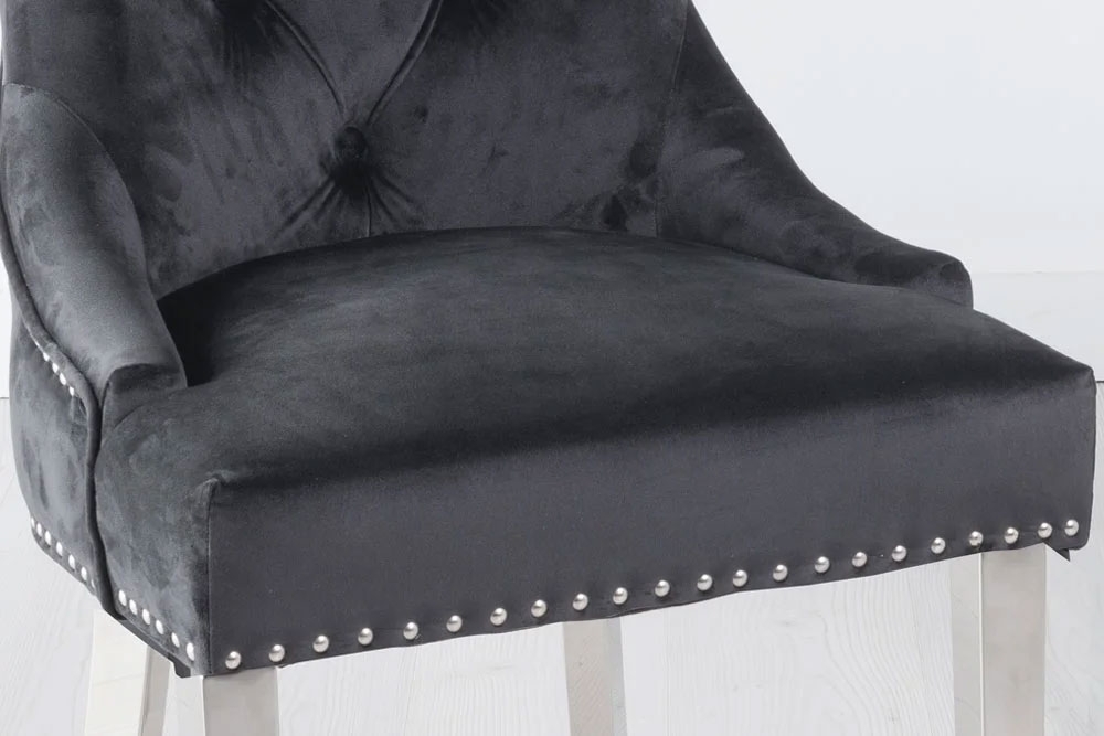 Product photograph of Knocker Back Black Dining Chair Tufted Velvet Fabric Upholstered With Chrome Legs from Choice Furniture Superstore.