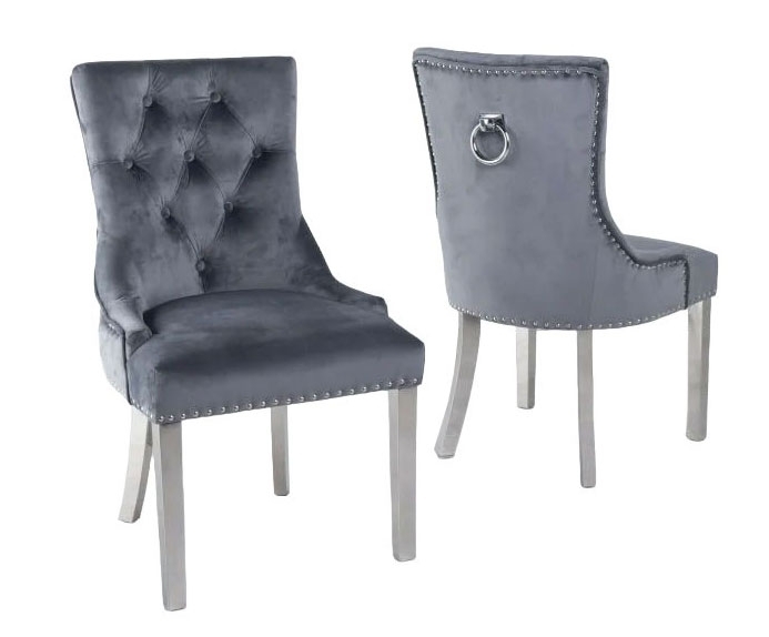 Product photograph of Knocker Back Grey Dining Chair Tufted Velvet Fabric Upholstered With Chrome Legs from Choice Furniture Superstore.