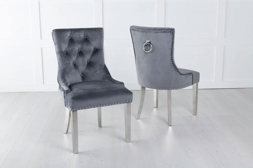 Product photograph of Knocker Back Grey Dining Chair Tufted Velvet Fabric Upholstered With Chrome Legs from Choice Furniture Superstore.