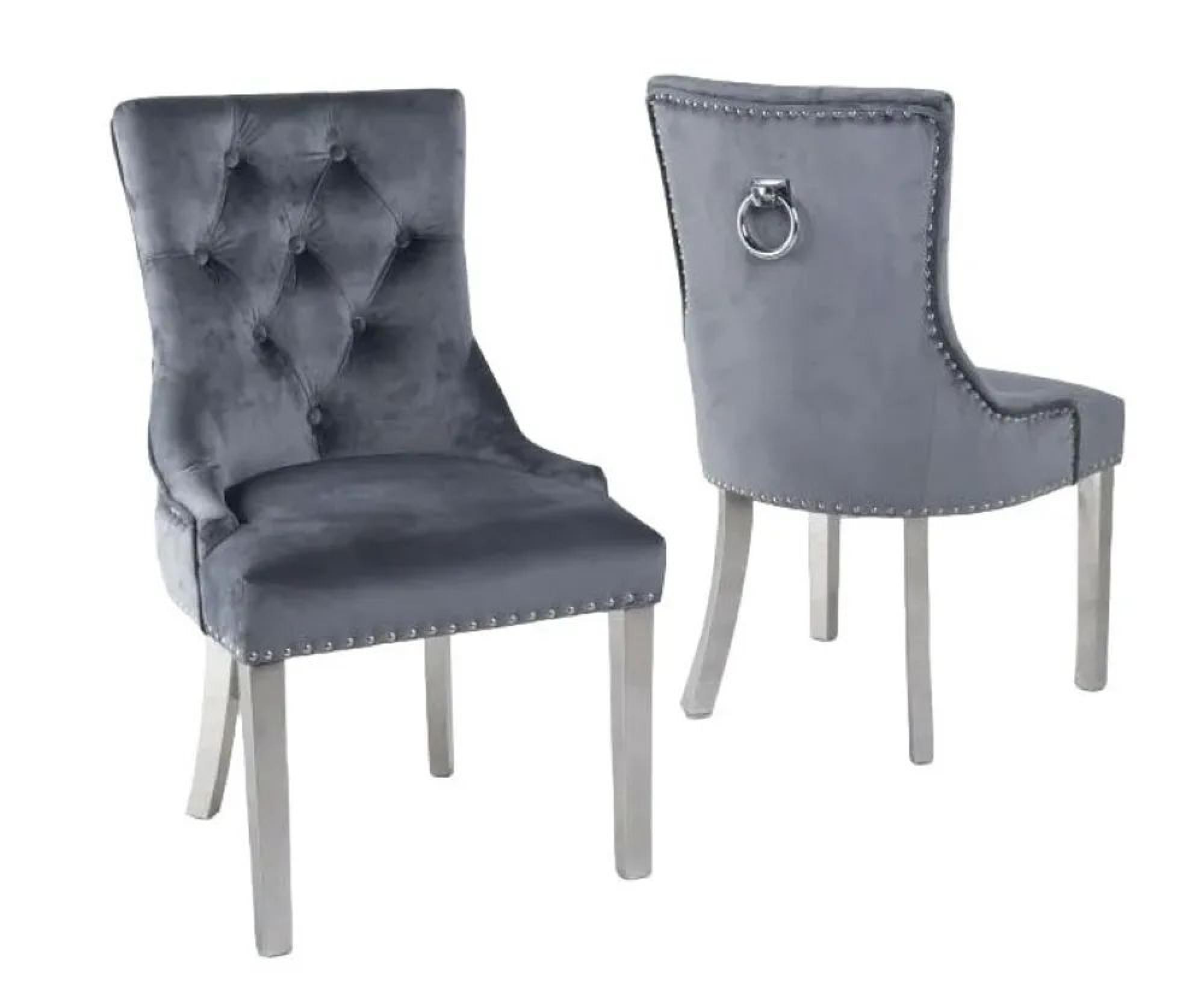 Product photograph of 2 X Knocker Back Grey Velvet Fabric Dining Chair With Chrome Legs from Choice Furniture Superstore.