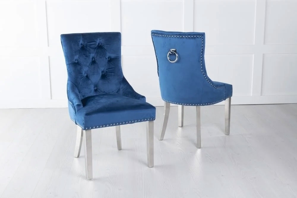 Product photograph of Knocker Back Blue Dining Chair Tufted Velvet Fabric Upholstered With Chrome Legs from Choice Furniture Superstore.