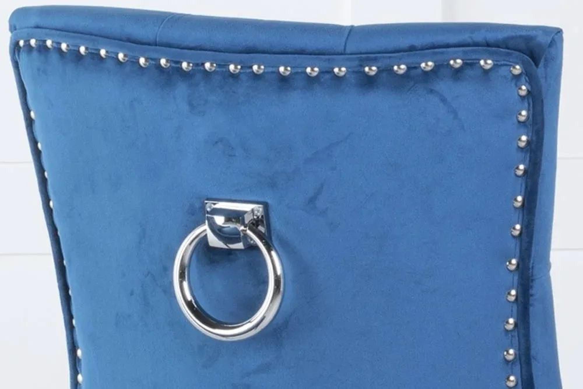 Product photograph of 2 X Knocker Back Blue Velvet Fabric Dining Chair With Chrome Legs from Choice Furniture Superstore.