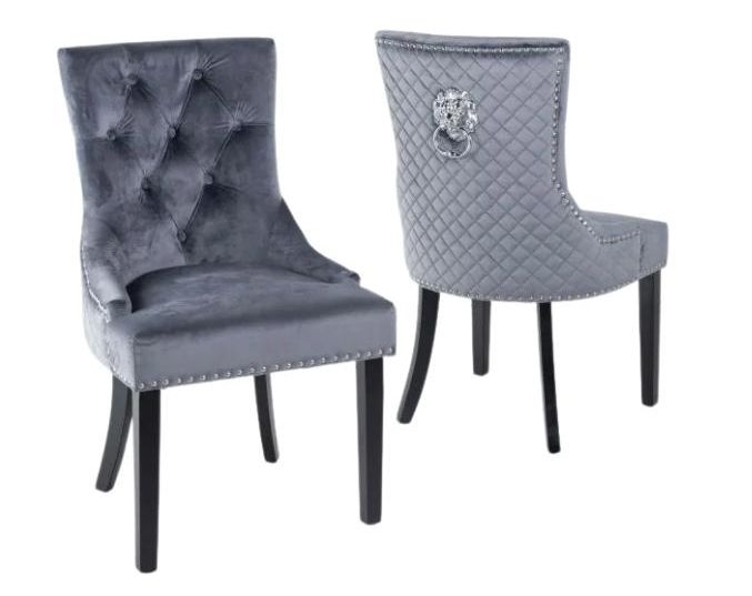 Product photograph of Lion Knocker Back Grey Dining Chair Tufted Velvet Fabric Upholstered With Black Wooden Legs from Choice Furniture Superstore.