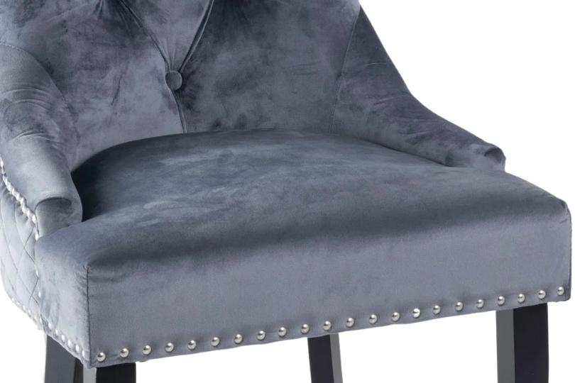 Product photograph of Lion Knocker Back Grey Dining Chair Tufted Velvet Fabric Upholstered With Black Wooden Legs from Choice Furniture Superstore.