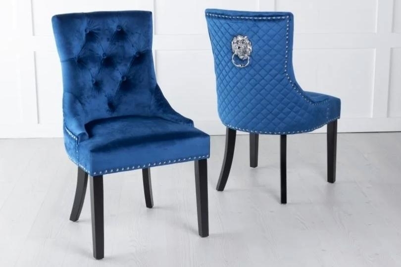 Product photograph of Lion Knocker Back Blue Dining Chair Tufted Velvet Fabric Upholstered With Black Wooden Legs from Choice Furniture Superstore.