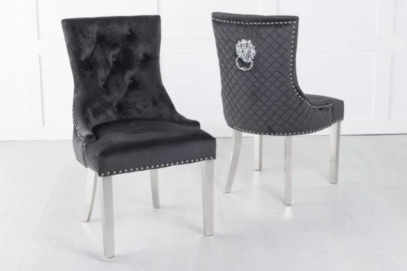 Product photograph of Lion Knocker Back Black Dining Chair Tufted Velvet Fabric Upholstered With Chrome Legs from Choice Furniture Superstore.