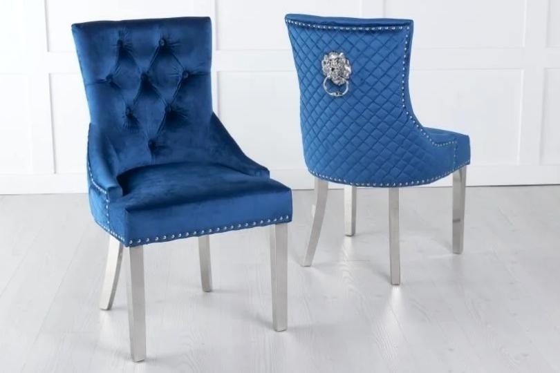 Product photograph of Lion Knocker Back Blue Dining Chair Tufted Velvet Fabric Upholstered With Chrome Legs from Choice Furniture Superstore.