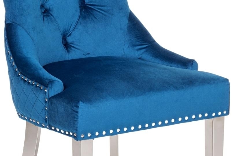 Product photograph of Lion Knocker Back Blue Dining Chair Tufted Velvet Fabric Upholstered With Chrome Legs from Choice Furniture Superstore.