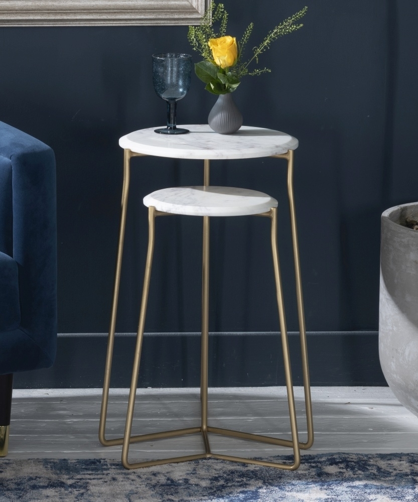 Clearance - Trio Marble Side Tables, White Round Top with Gold Metal Base - Set of 2