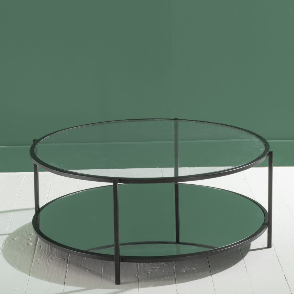 Product photograph of Clearance - Hyde Black Metal Coffee Table Round Clear Glass Top With Mirrored Bottom Shelf from Choice Furniture Superstore.