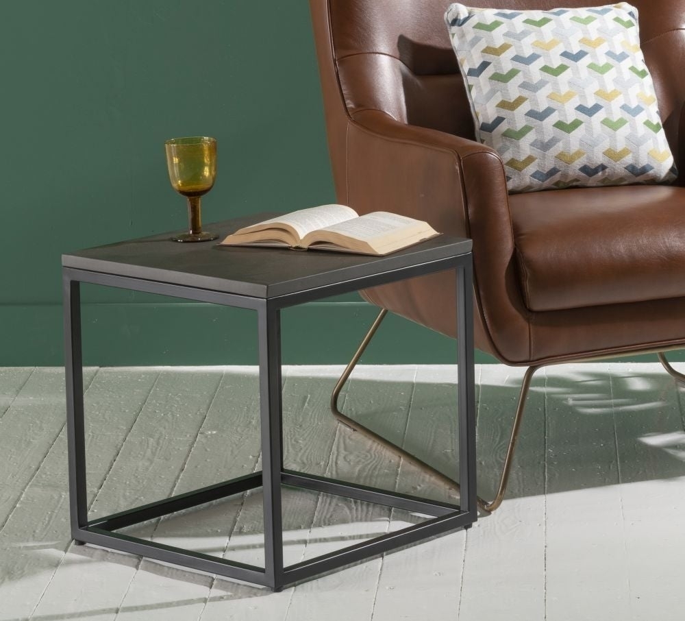 Product photograph of Clearance - Odom Grey Concrete Side Table With Black Metal Base from Choice Furniture Superstore.