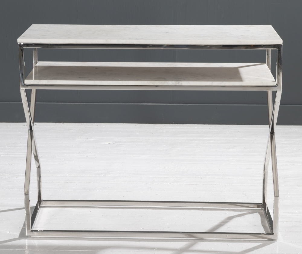 Product photograph of Clearance - Crossroad Marble Console Table White Top With Stainless Steel Chrome Frame from Choice Furniture Superstore.