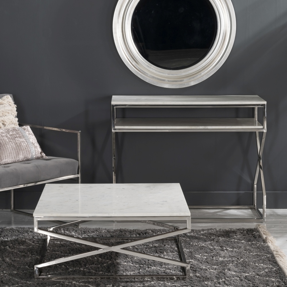 Product photograph of Clearance - Crossroad Marble Console Table White Top With Stainless Steel Chrome Frame from Choice Furniture Superstore.