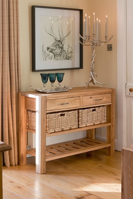 Product photograph of Sanford Oak Console Table - Double Basket from Choice Furniture Superstore.