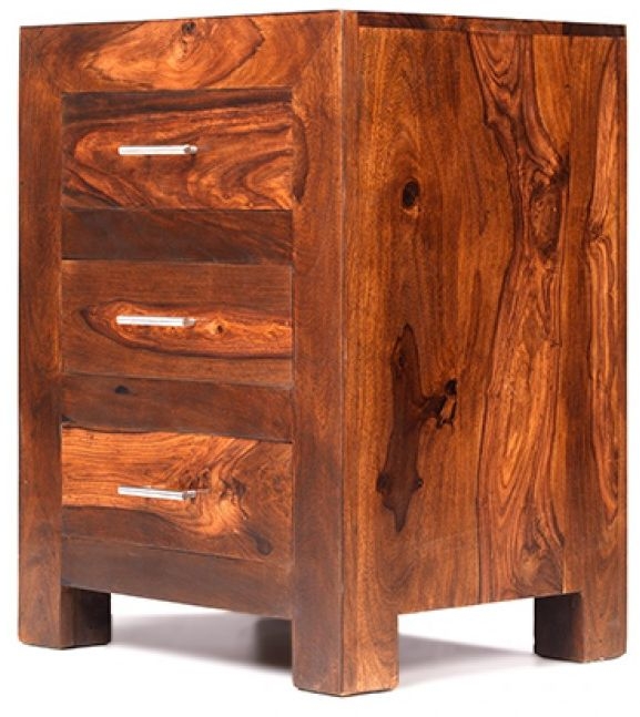 Product photograph of Cube Honey Lacquered Sheesham Bedside Cabinet 3 Drawers from Choice Furniture Superstore.