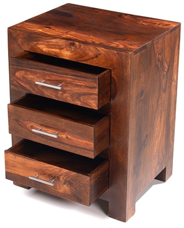 Product photograph of Cube Honey Lacquered Sheesham Bedside Cabinet 3 Drawers from Choice Furniture Superstore.