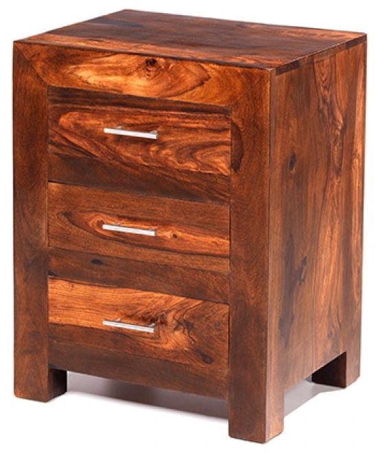 Product photograph of Cube Honey Lacquered Sheesham Bedside Cabinet 3 Drawers from Choice Furniture Superstore.