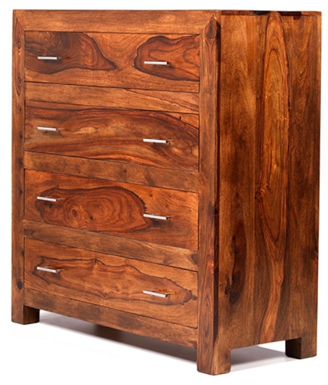 Product photograph of Cube Honey Lacquered Sheesham Chest 4 Drawers from Choice Furniture Superstore.