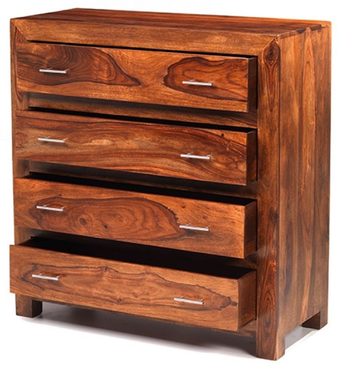 Product photograph of Cube Honey Lacquered Sheesham Chest 4 Drawers from Choice Furniture Superstore.