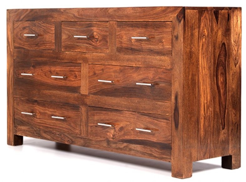 Product photograph of Cube Honey Lacquered Sheesham Wide Chest 4 3 Drawers from Choice Furniture Superstore.