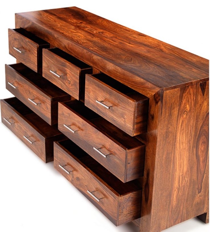 Product photograph of Cube Honey Lacquered Sheesham Wide Chest 4 3 Drawers from Choice Furniture Superstore.