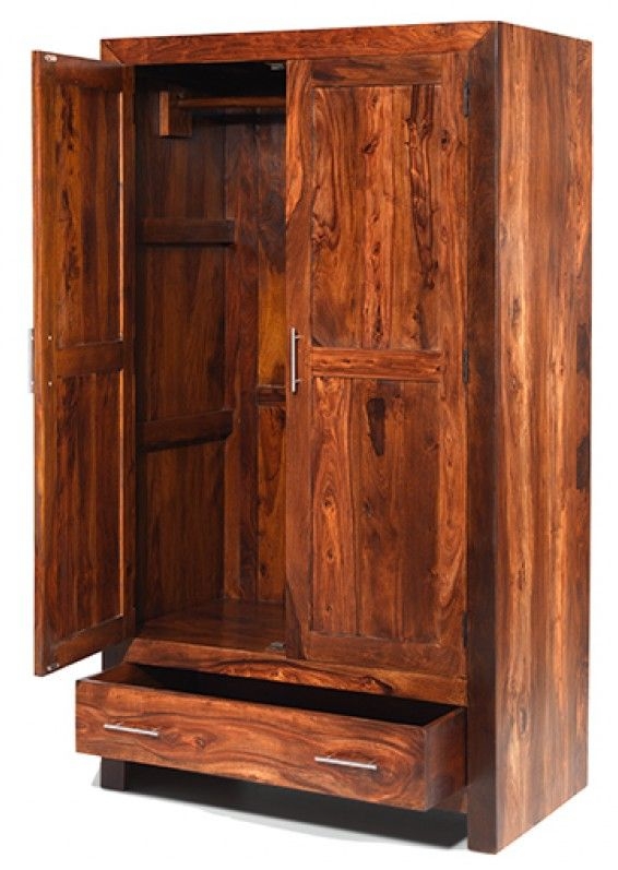 Product photograph of Cube Honey Lacquered Sheesham Double Wardrobe 2 Doors With 1 Bottom Storage Drawer from Choice Furniture Superstore.