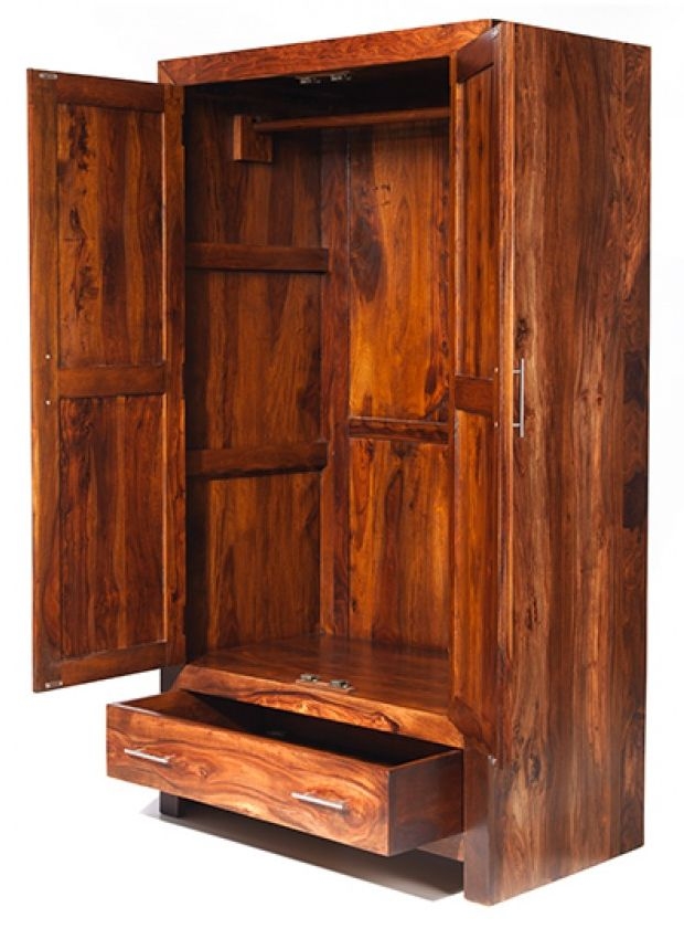 Product photograph of Cube Honey Lacquered Sheesham Double Wardrobe 2 Doors With 1 Bottom Storage Drawer from Choice Furniture Superstore.