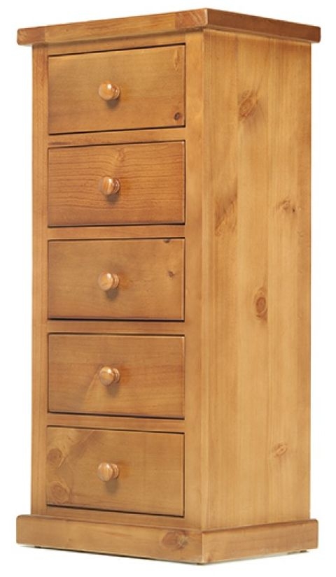 Product photograph of Churchill Waxed Pine Narrow Chest 5 Drawers Wellington Style Tallboy from Choice Furniture Superstore.