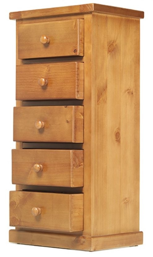 Product photograph of Churchill Waxed Pine Narrow Chest 5 Drawers Wellington Style Tallboy from Choice Furniture Superstore.