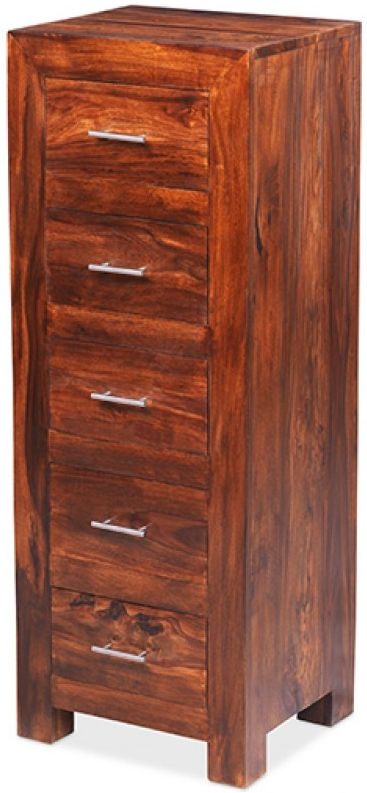 Product photograph of Cube Honey Lacquered Sheesham Narrow Chest 5 Drawers Tallboy from Choice Furniture Superstore.