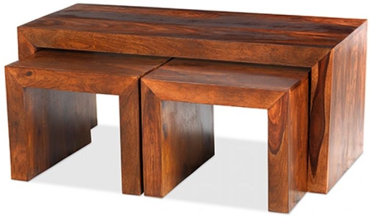 Product photograph of Cube Honey Lacquered Sheesham Long John Nest Of 3 Coffee Tables from Choice Furniture Superstore.