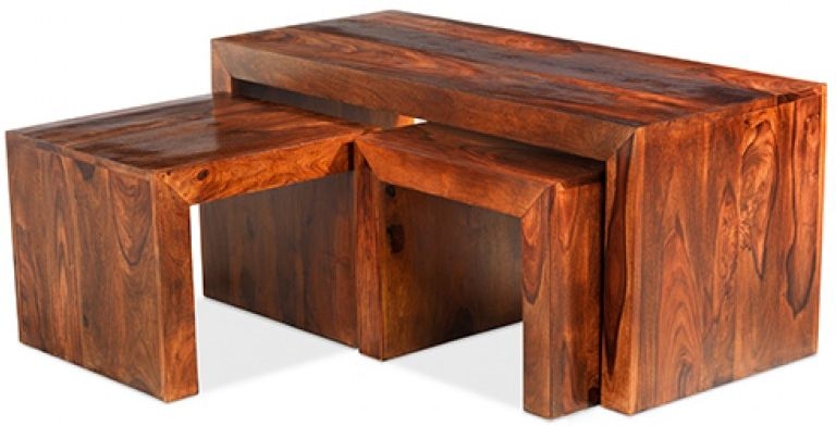 Product photograph of Cube Honey Lacquered Sheesham Long John Nest Of 3 Coffee Tables from Choice Furniture Superstore.