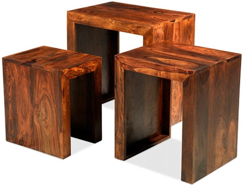 Product photograph of Cube Honey Lacquered Sheesham Nest Of Tables Set Of 3 from Choice Furniture Superstore.