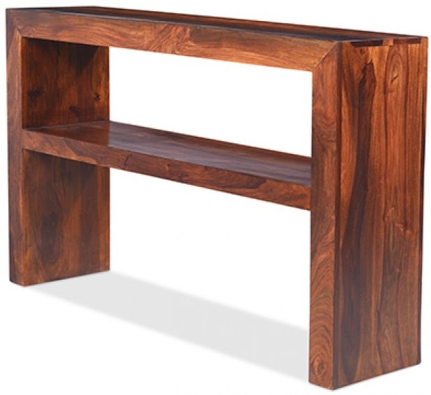 Product photograph of Cube Honey Lacquered Sheesham Narrow Console Table from Choice Furniture Superstore.