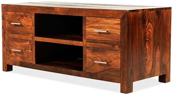 Cube Honey Lacquered Sheesham TV Unit, 118cm W with Storage for Television Upto 43in Plasma