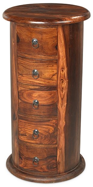 Indian Sheesham Solid Wood Large Round Drum Chest, 5 Drawers