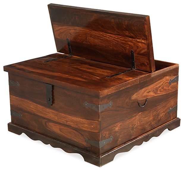 Indian Sheesham Solid Wood Top Opening Square Storage Trunk Coffee Table