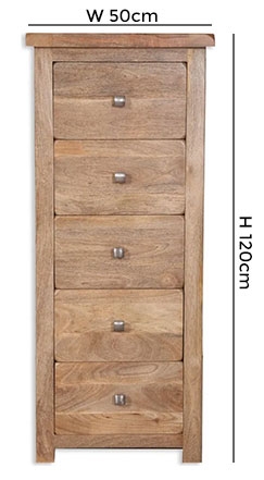 Product photograph of Bombay Solid Mango Wood 5 Drawer Narrow Chest from Choice Furniture Superstore.