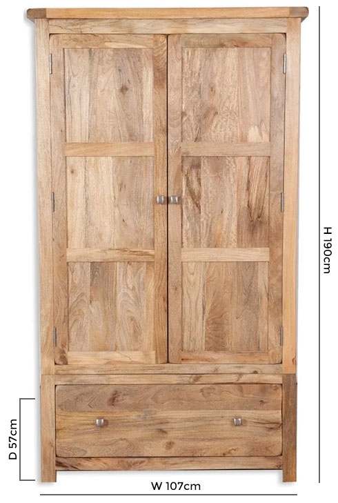 Product photograph of Bombay Mango Wood 2 Door 1 Drawer Wardrobe from Choice Furniture Superstore.