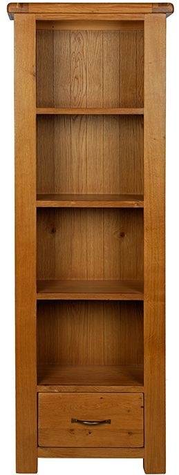 Product photograph of Arles Oak Narrow Bookcase 180cm H With 1 Bottom Storage Drawer from Choice Furniture Superstore.