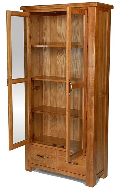 Arles Oak Glazed Display Cabinet, 2 Glass Doors and 2 Bottom Storage Drawers