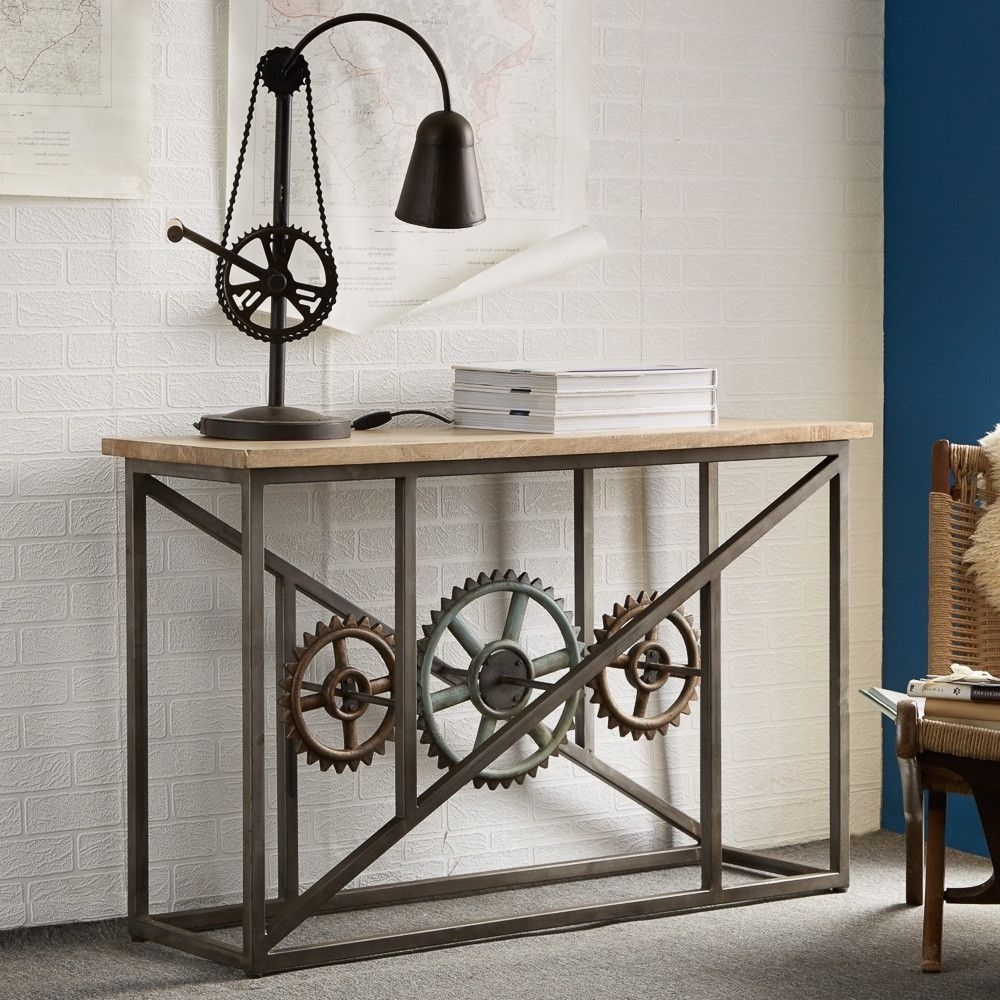 Product photograph of Evoke Brown Solid Hardwood Industrial Console Table from Choice Furniture Superstore.