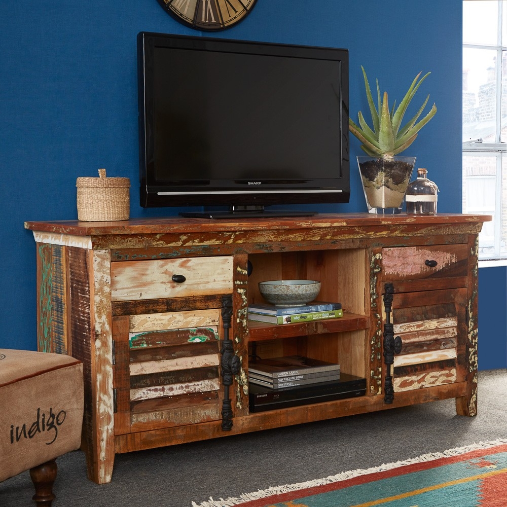 Product photograph of Coastal Brown Reclaimed Wood Multi Media Unit Upto 59inch from Choice Furniture Superstore.