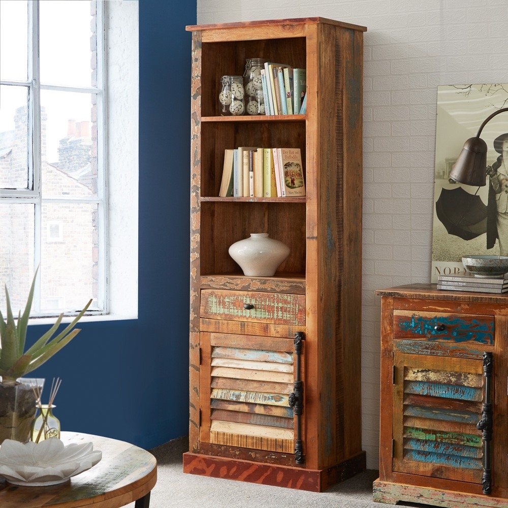 Product photograph of Reclaimed Wood Narrow Bookcase With Cupboard from Choice Furniture Superstore.