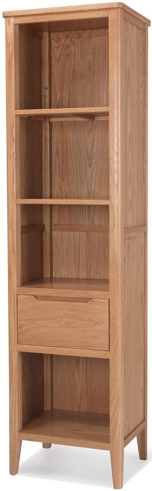 Product photograph of Asby Scandinavian Style Oak Narrow Bookcase 150cm H With 1 Storage Drawer from Choice Furniture Superstore.