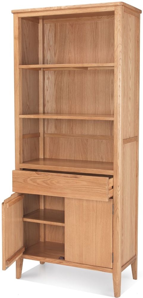 Product photograph of Asby Scandinavian Style Oak Bookcase With Cupboard 185cm Tall With 2 Doors And 1 Storage Drawer from Choice Furniture Superstore.